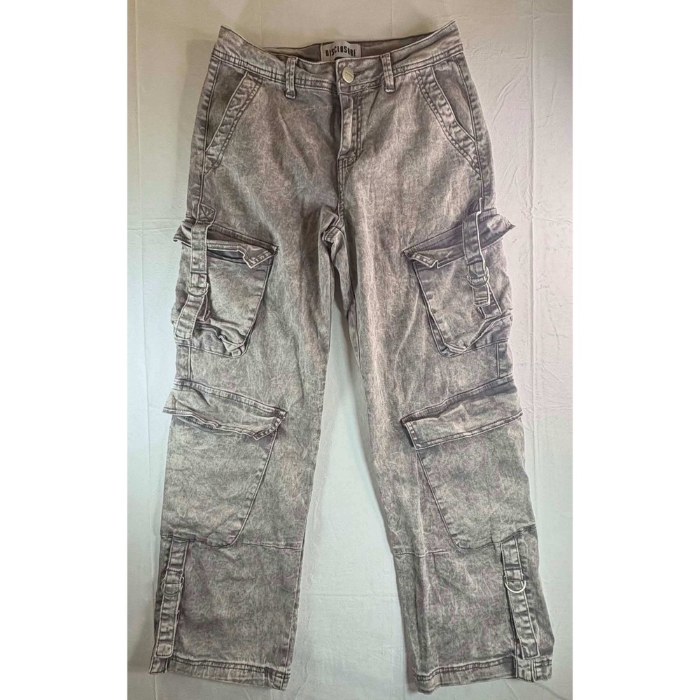Disclosure Gray Acid Wash Cargo Pants Womens Size 7/28 Straight Leg D-Ring Denim